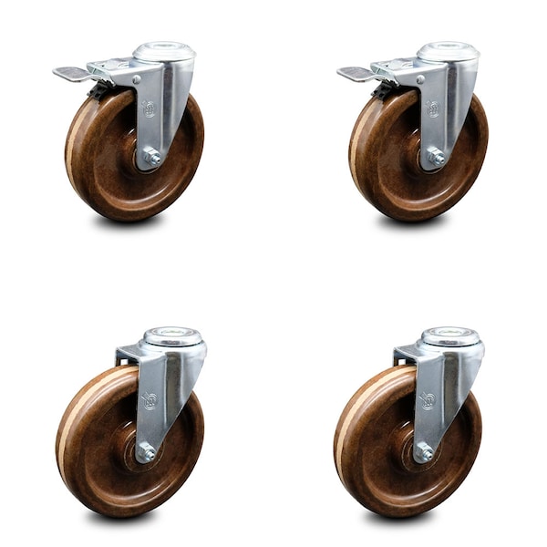 6 Inch High Temp Phenolic Swivel Bolt Hole Caster Set with 2 Total Lock Brake